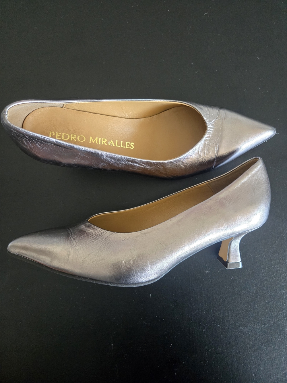 Pedro Miralles Silver Metallic Leather Kitten Heels Pointed Toe 38